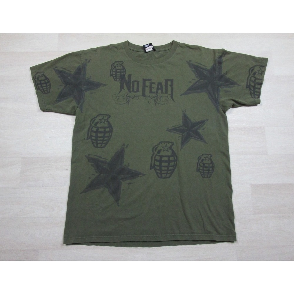 Vintage Y2K No Fear T-Shirt Men's (L) AOP Grenade Nautical Star Skater MMA